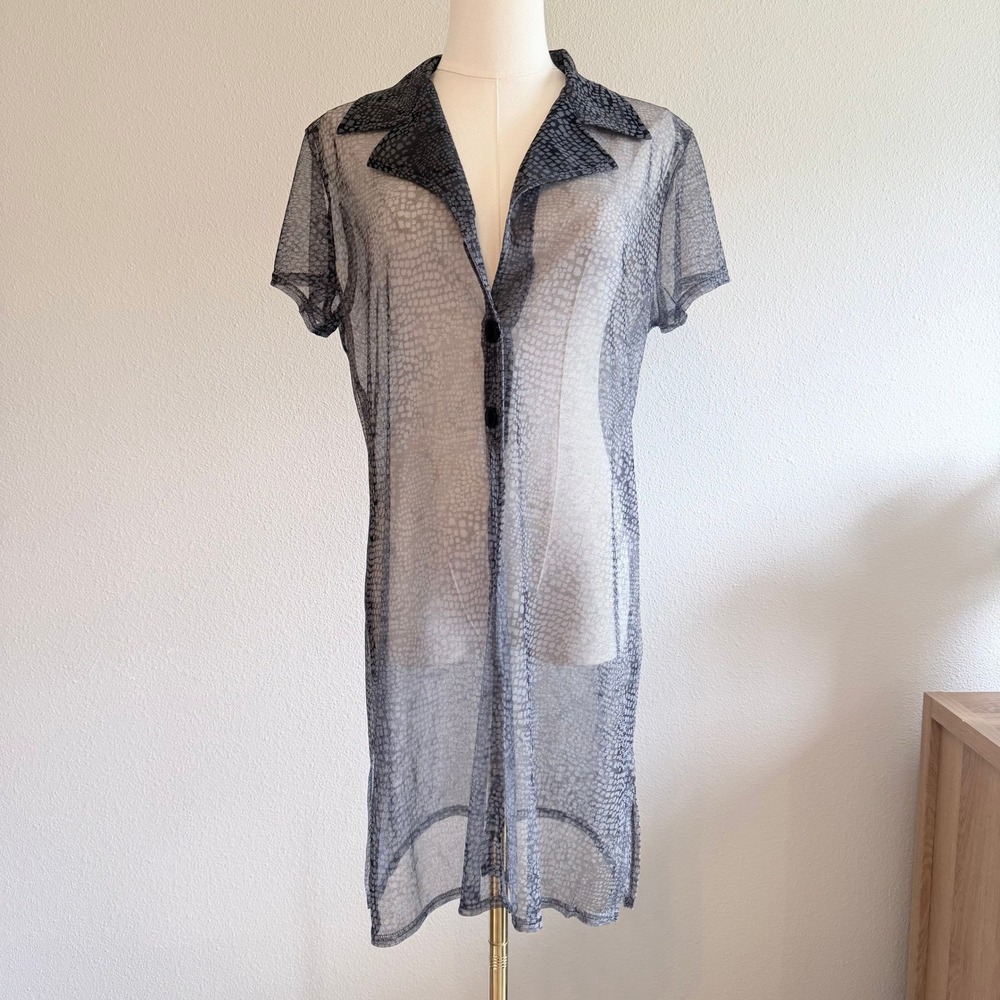 DBY Ltd Sheer Mesh‎ Snakeskin Print Tunic Top Grey Black Y2K Boho Coverup S/M
